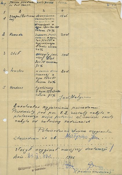 KKE 5318a.jpg - Dok. Formularz spisowy rzeczy miejsca zamieszkania podpisany przez Jana Małyszko, Ostróda, 24 IX 1946 r.